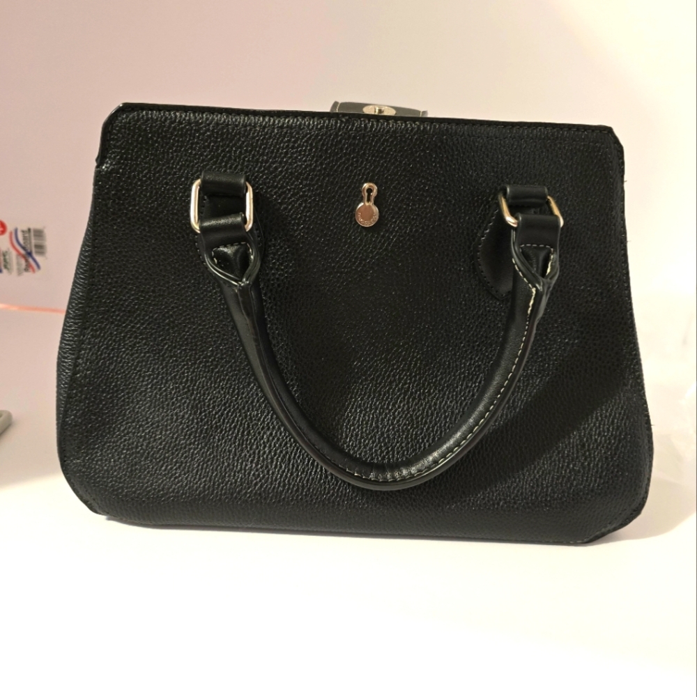 London Fog Black Pebbled Satchel with Gold Hardware